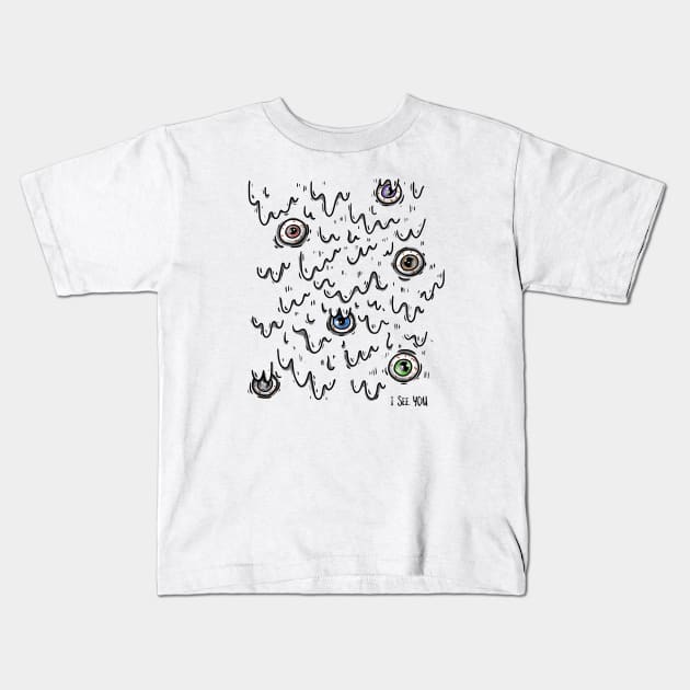 I see you, Spooky Halloween Illustration, Modern, Creepy eyes Kids T-Shirt by EquilibriumArt
